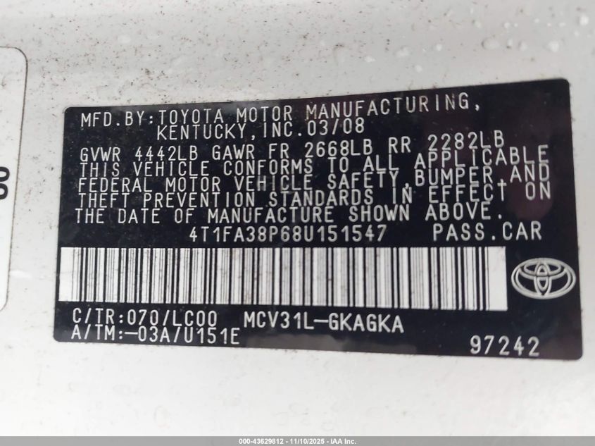 2008 Toyota Camry Solara Sle VIN: 4T1FA38P68U151547 Lot: 43629812