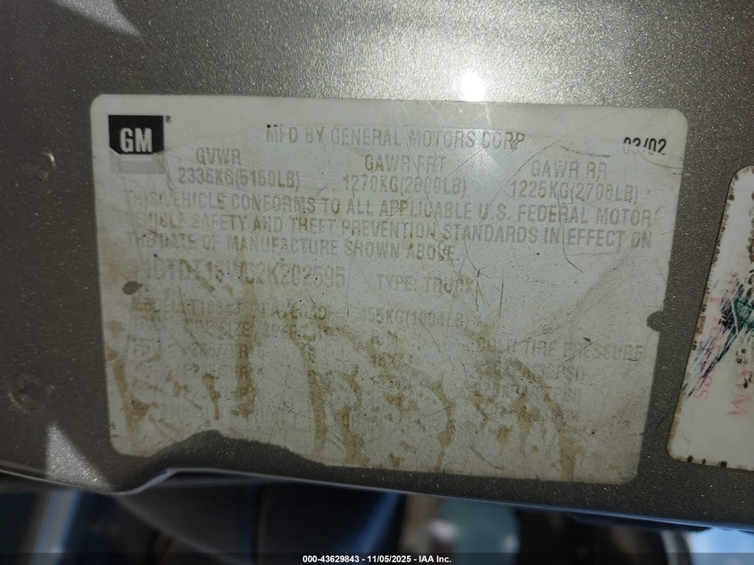 2002 GMC Sonoma Sls VIN: 1GTDT13W52K202595 Lot: 43629843