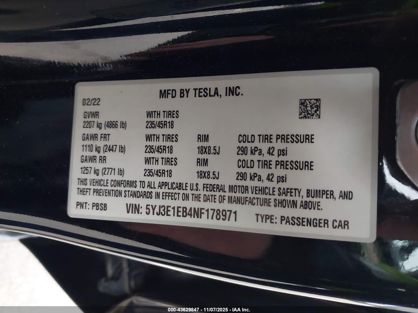 2022 Tesla Model 3 Long Range Dual Motor All-Wheel Drive VIN: 5YJ3E1EB4NF178971 Lot: 43629847
