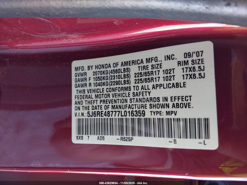 2007 Honda Cr-V Ex-L VIN: 5J6RE48777L016359 Lot: 43629854