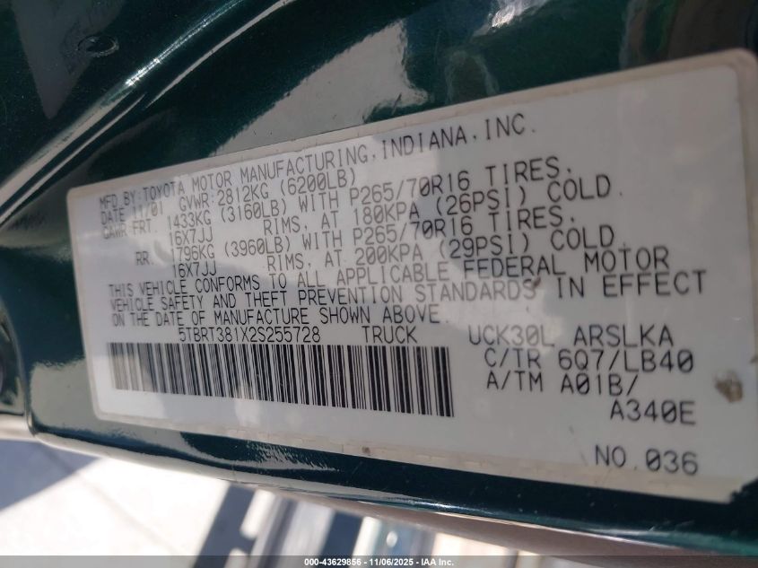 2002 Toyota Tundra Ltd V8 VIN: 5TBRT381X2S255728 Lot: 43629856