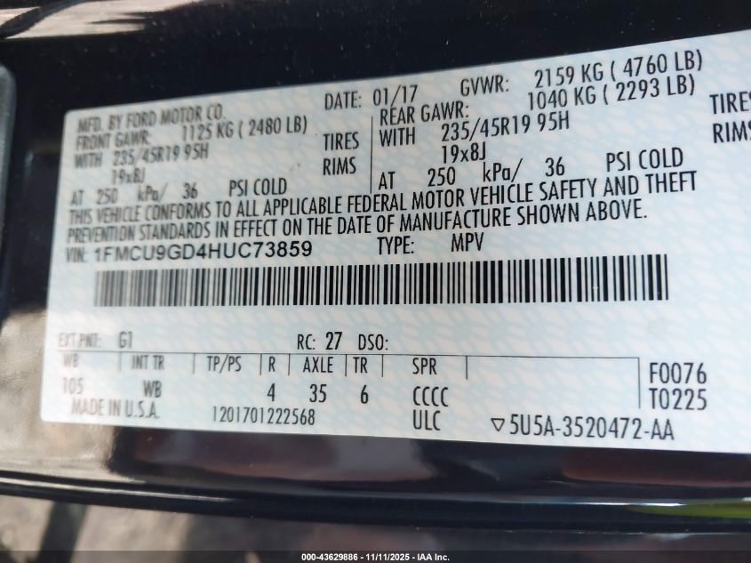 2017 Ford Escape Se VIN: 1FMCU9GD4HUC73859 Lot: 43629886