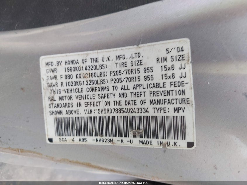 2004 Honda Cr-V Ex VIN: SHSRD78854U243334 Lot: 43629887