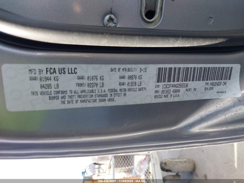 2016 Dodge Dart Se VIN: 1C3CDFAAXGD565536 Lot: 43629897