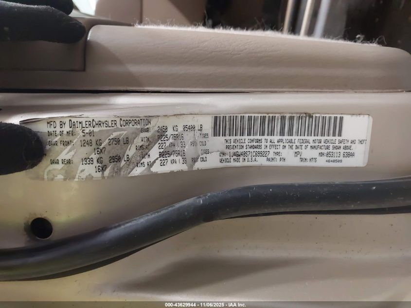 2001 Jeep Grand Cherokee Laredo VIN: 1J4GW48S71C699227 Lot: 43629944