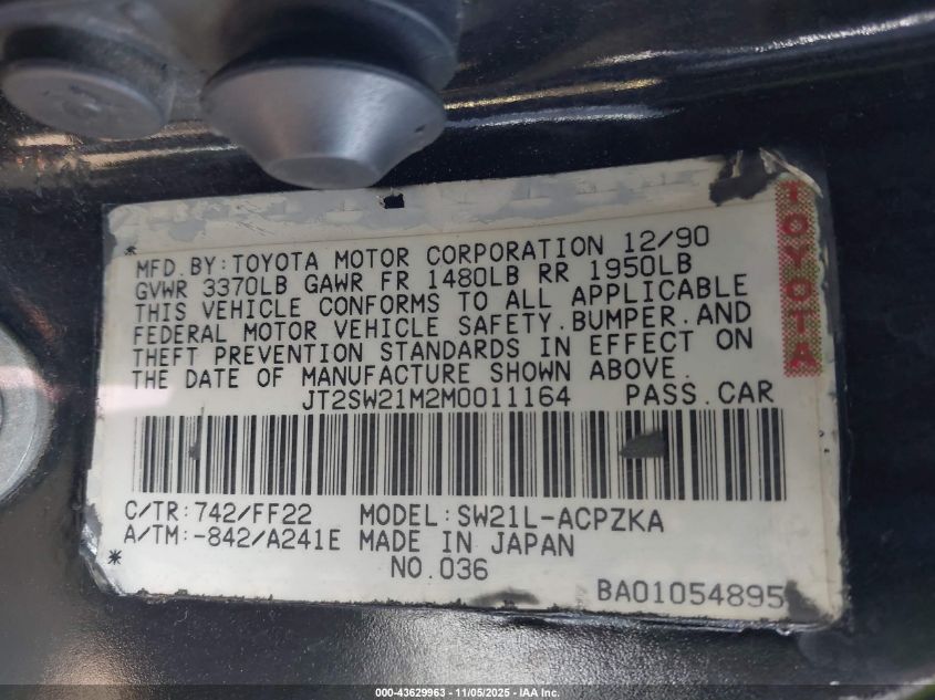 1991 Toyota Mr2 VIN: JT2SW21M2M0011164 Lot: 43629963