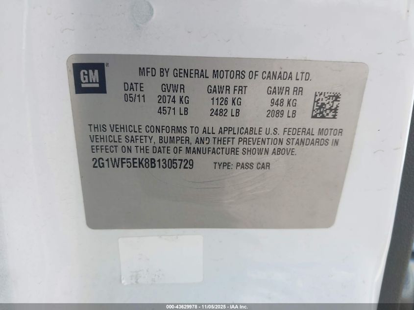 2011 Chevrolet Impala Ls VIN: 2G1WF5EK8B1305729 Lot: 43629978