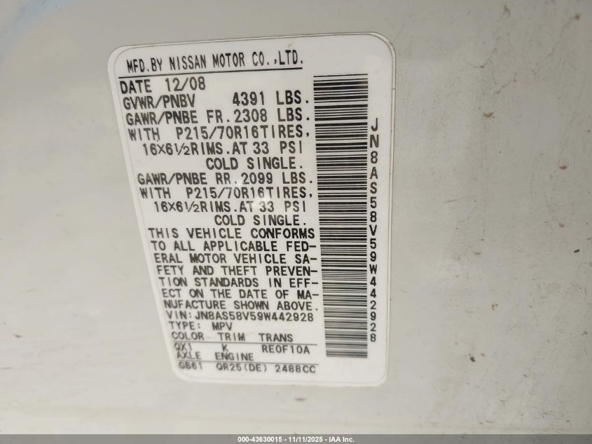 2009 Nissan Rogue S VIN: JN8AS58V59W442928 Lot: 43630015