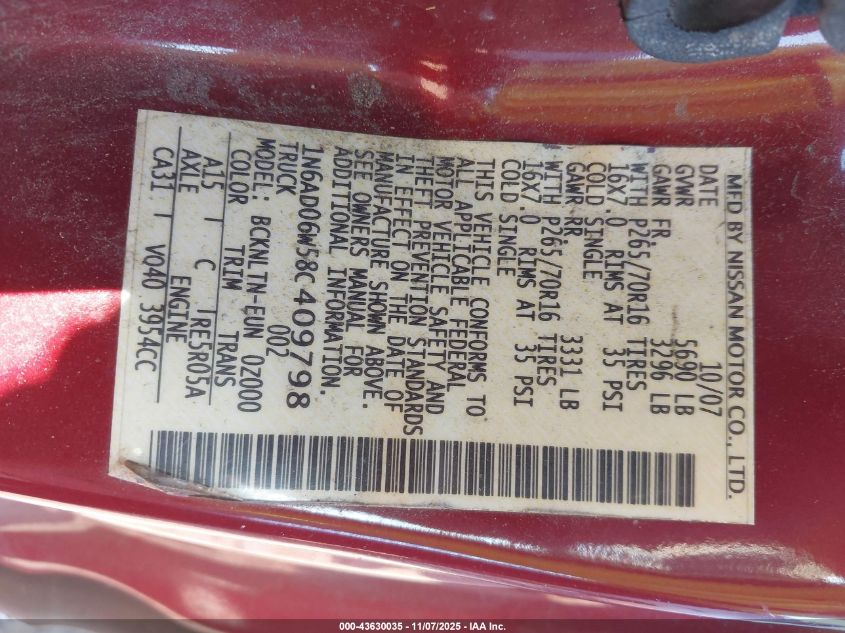 2008 Nissan Frontier Se VIN: 1N6AD06W58C409798 Lot: 43630035