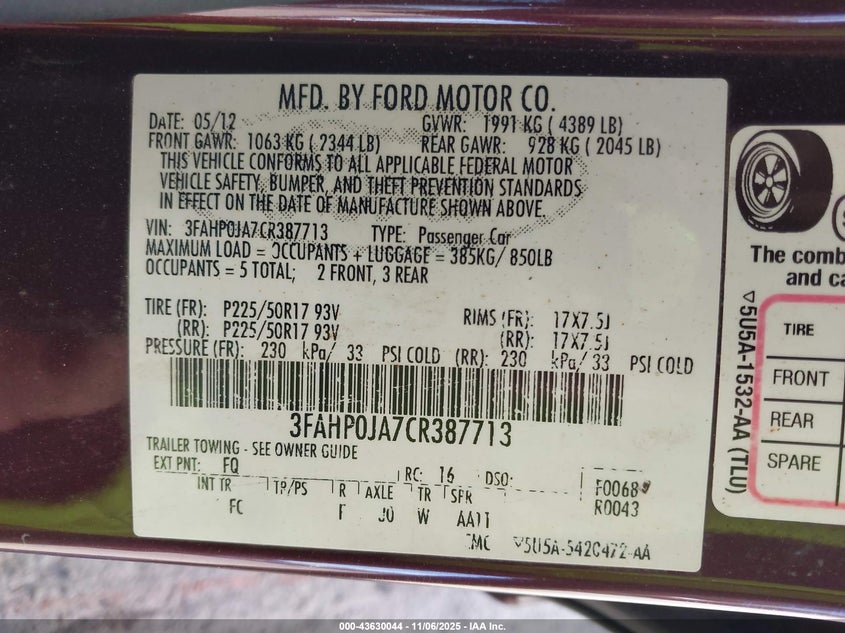 2012 Ford Fusion Sel VIN: 3FAHP0JA7CR387713 Lot: 43630044