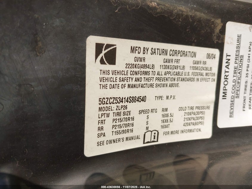 2004 Saturn Vue V6 VIN: 5GZCZ53414S884540 Lot: 43630056