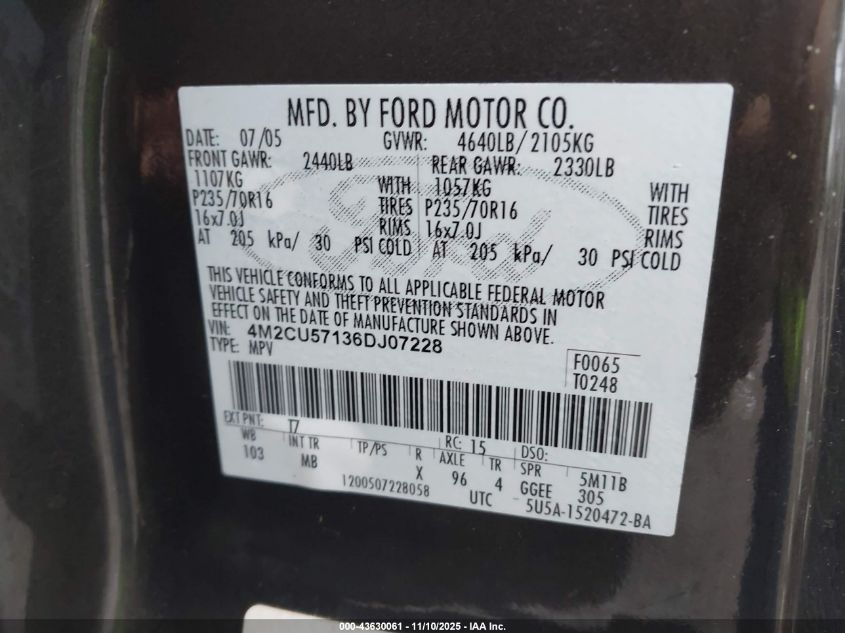 2006 Mercury Mariner Luxury/Premier VIN: 4M2CU57136DJ07228 Lot: 43630061