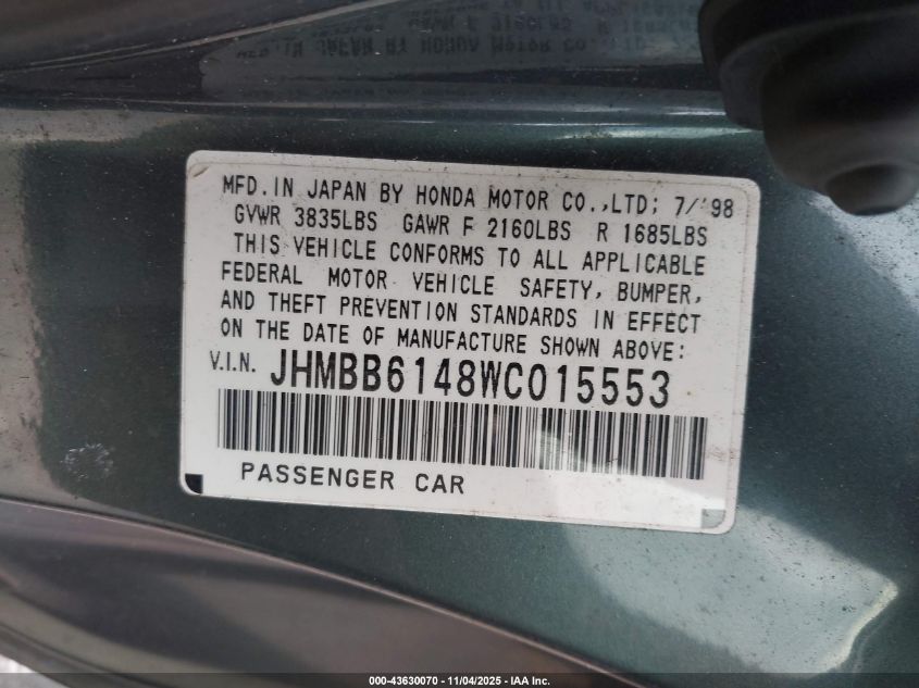 1998 Honda Prelude VIN: JHMBB6148WC015553 Lot: 43630070