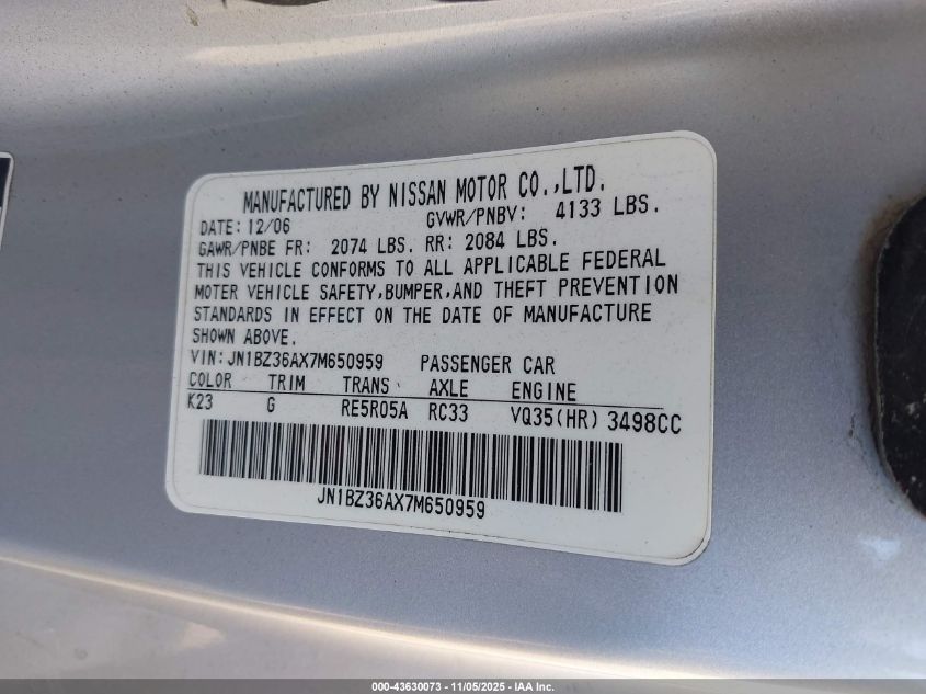 2007 Nissan 350Z Touring VIN: JN1BZ36AX7M650959 Lot: 43630073
