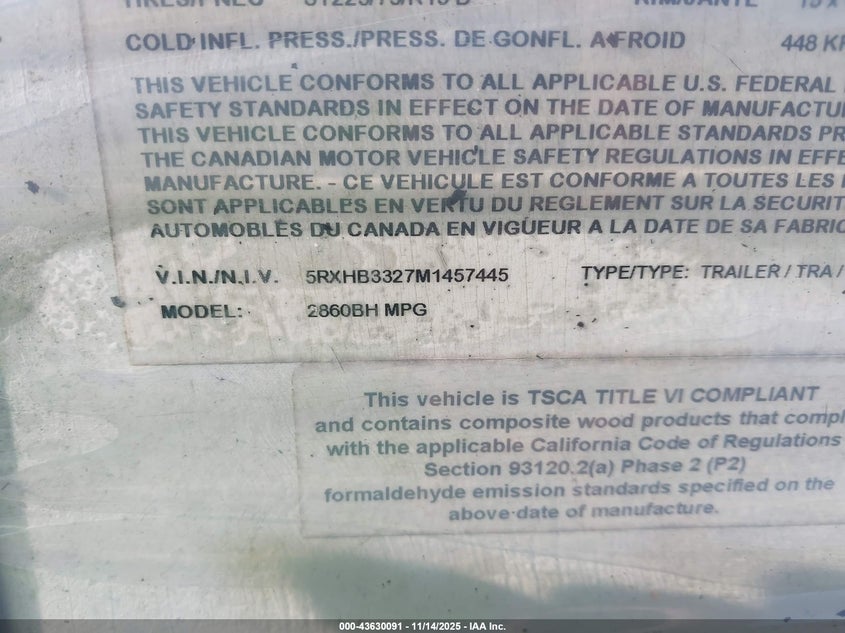VIN 5RXHB3327M1457445 2021 CRUISER RV MPG 2860BH