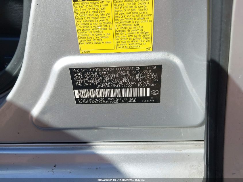 2009 Lexus Gs 350 VIN: JTHCE96SX90021722 Lot: 43630113