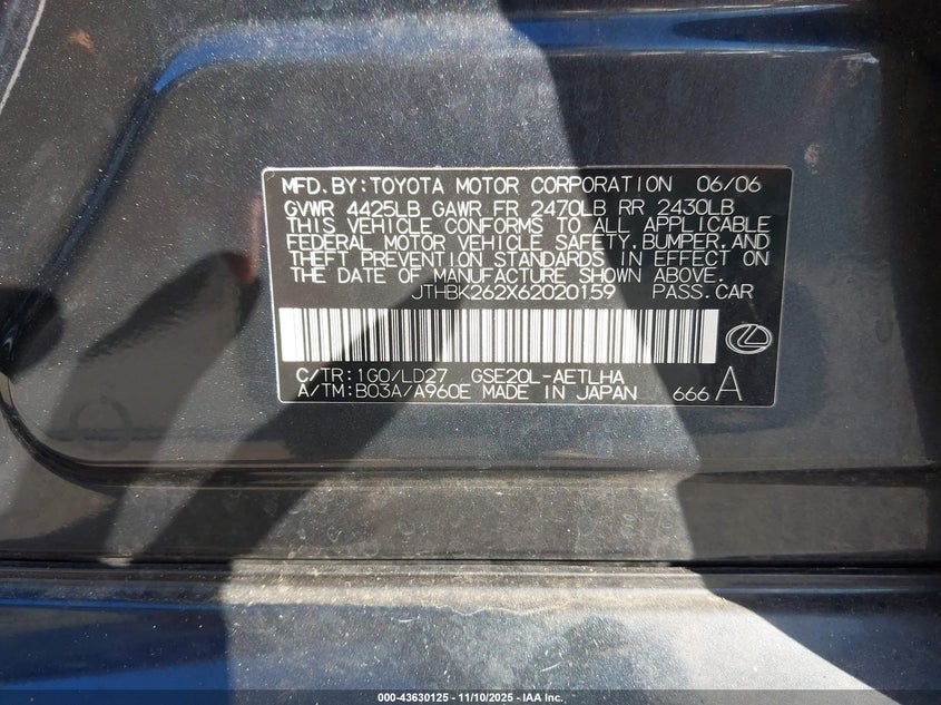 2006 Lexus Is 250 VIN: JTHBK262X62020159 Lot: 43630125