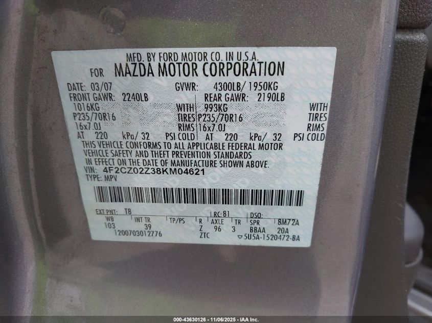 2008 Mazda Tribute I Sport VIN: 4F2CZ02Z38KM04621 Lot: 43630126