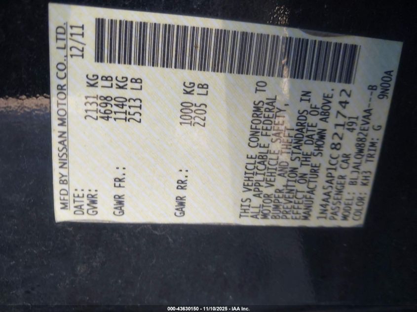 2012 Nissan Maxima 3.5 S VIN: 1N4AA5AP1CC821742 Lot: 43630150