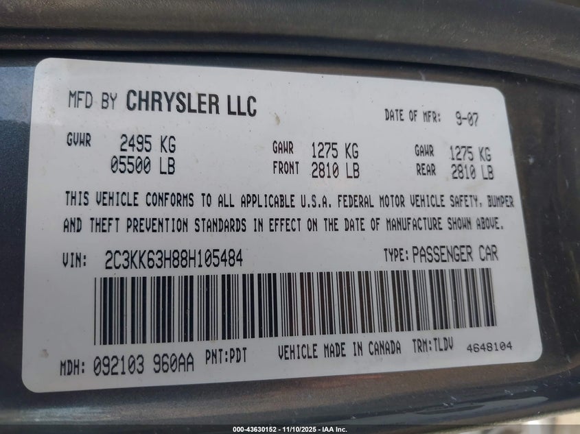 2008 Chrysler 300C VIN: 2C3KK63H88H105484 Lot: 43630152