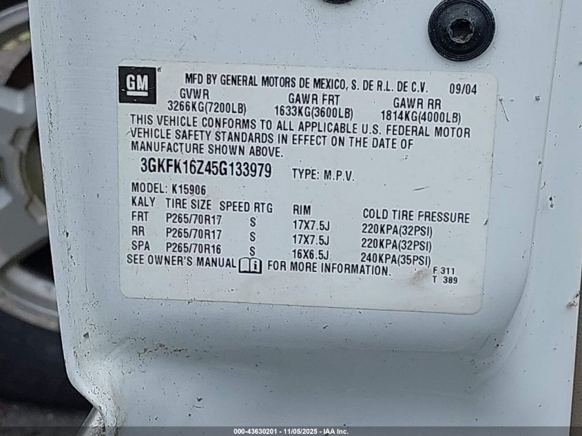 2005 GMC Yukon Xl 1500 Slt VIN: 3GKFK16Z45G133979 Lot: 43630201