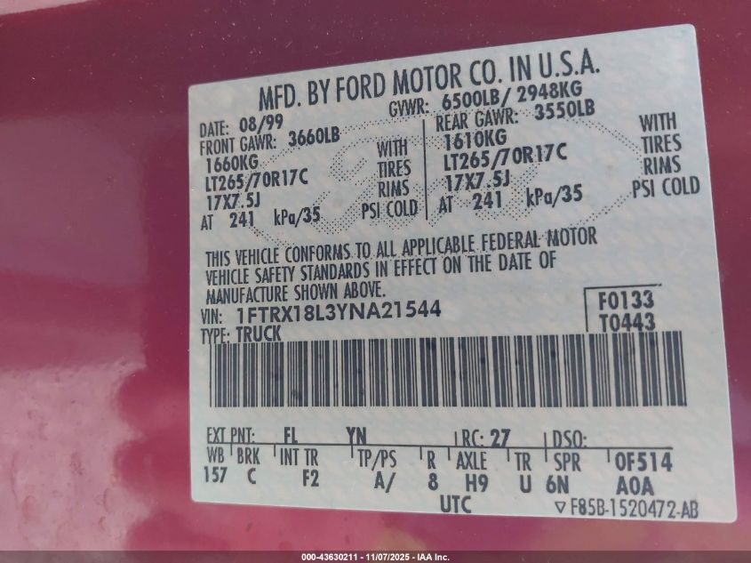 2000 Ford F-150 Lariat/Work Series/Xl/Xlt VIN: 1FTRX18L3YNA21544 Lot: 43630211