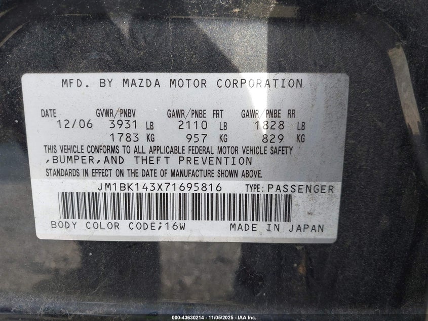 2007 Mazda Mazda3 S Sport VIN: JM1BK143X71695816 Lot: 43630214