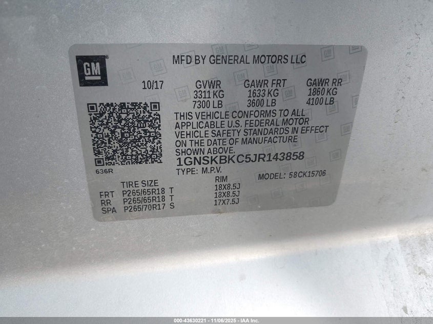 2018 CHEVROLET TAHOE LT - 1GNSKBKC5JR143858