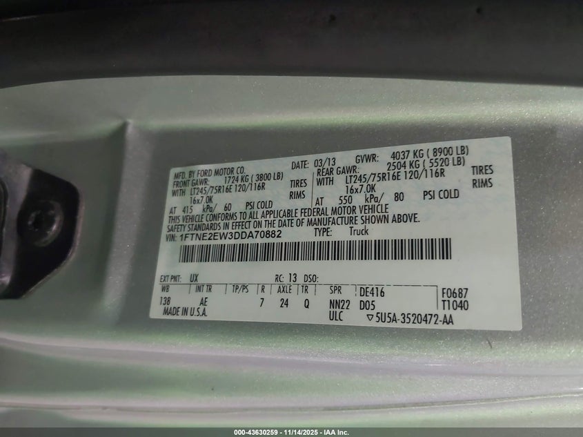 2013 Ford E-250 Commercial VIN: 1FTNE2EW3DDA70882 Lot: 43630259