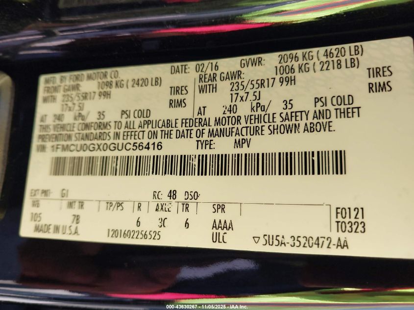 2016 Ford Escape Se VIN: 1FMCU0GX0GUC56416 Lot: 43630267