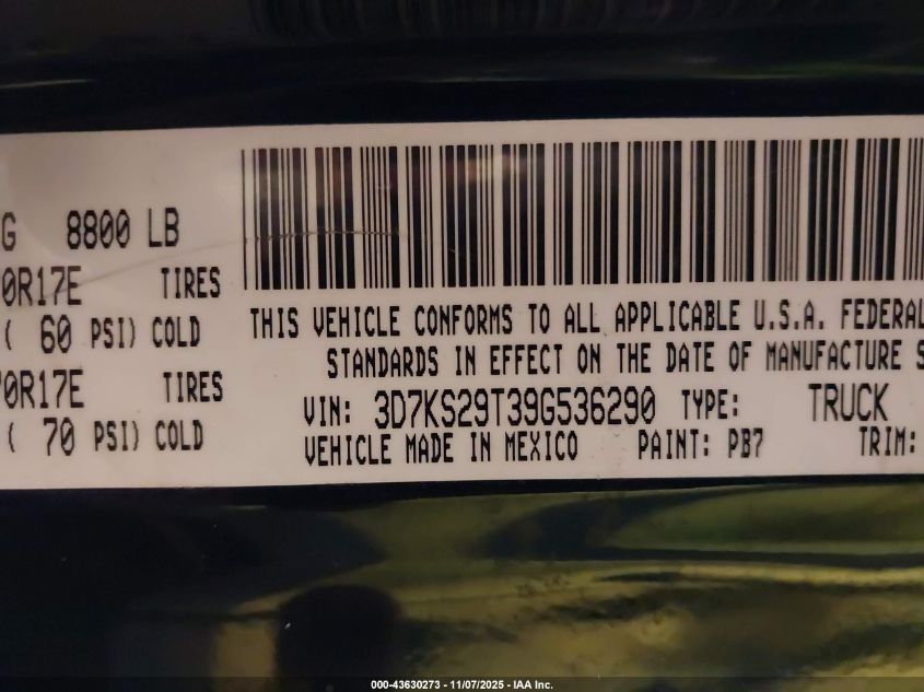2009 Dodge Ram 2500 Sxt/Slt VIN: 3D7KS29T39G536290 Lot: 43630273