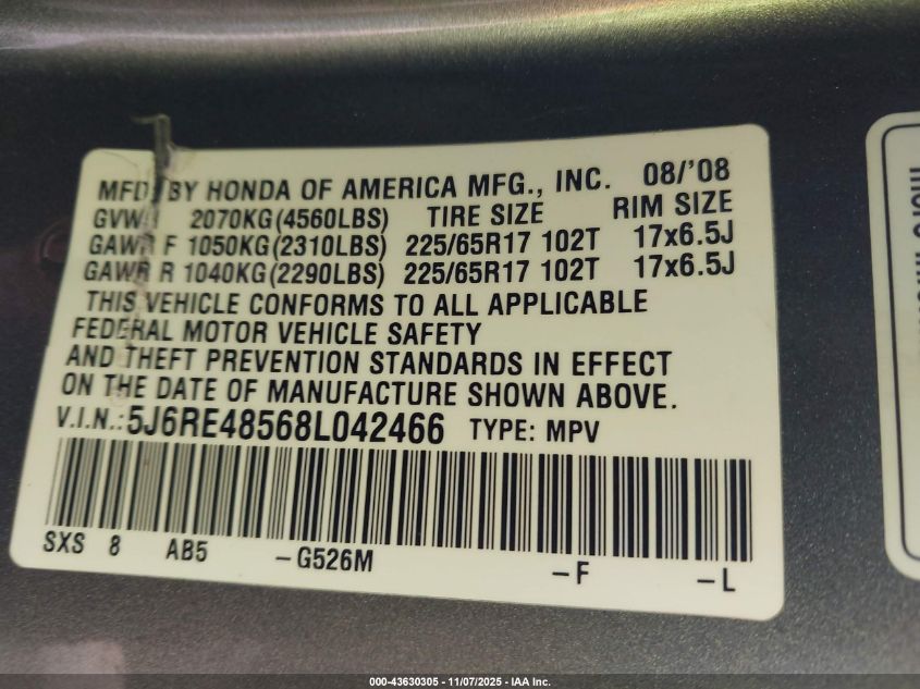 2008 Honda Cr-V Ex VIN: 5J6RE48568L042466 Lot: 43630305