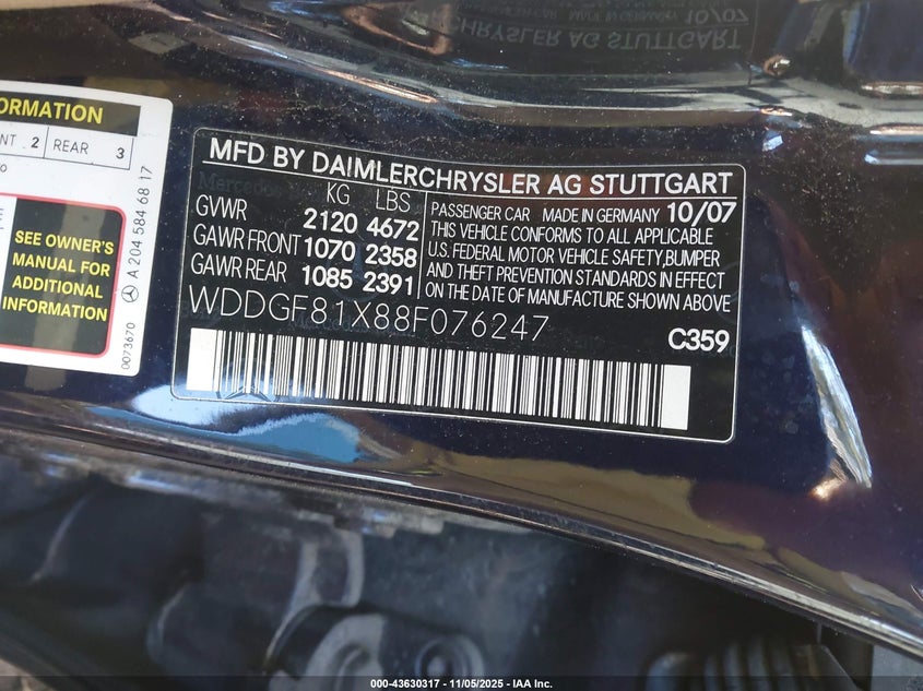 2008 Mercedes-Benz C 300 Luxury 4Matic/Sport 4Matic VIN: WDDGF81X88F076247 Lot: 43630317