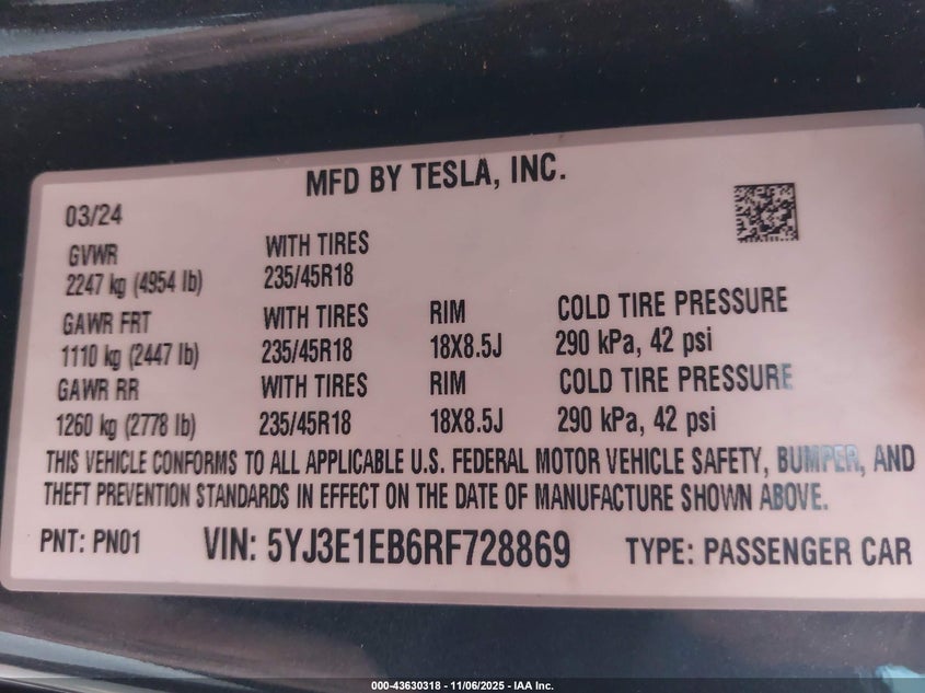 2024 Tesla Model 3 Long Range Dual Motor All-Wheel Drive VIN: 5YJ3E1EB6RF728869 Lot: 43630318