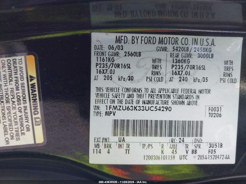 2003 Ford Explorer Nbx/Xlt VIN: 1FMZU63K33UC54290 Lot: 43630320