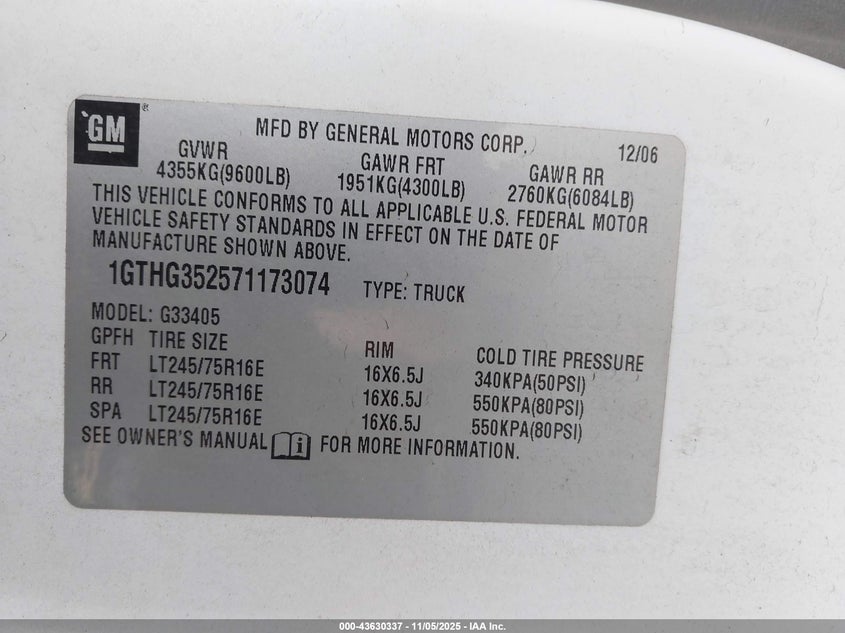 2007 GMC Savana Work Van VIN: 1GTHG352571173074 Lot: 43630337