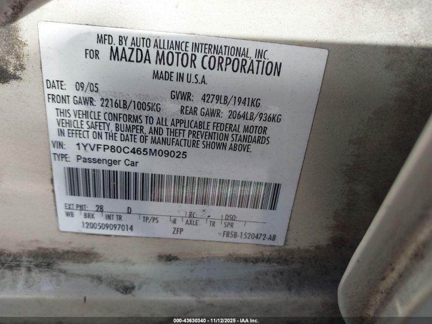 2006 Mazda Mazda6 I VIN: 1YVFP80C465M09025 Lot: 43630340