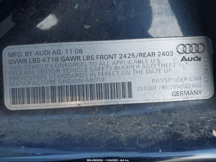 2009 Audi A4 2.0T Premium VIN: WAUJF78K09N042960 Lot: 43630352
