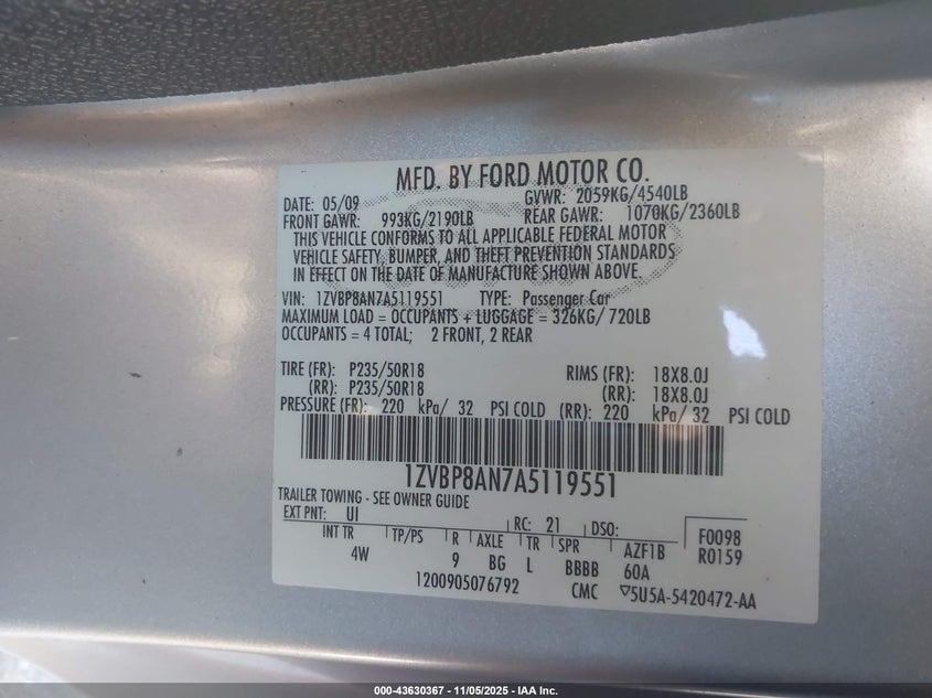 1ZVBP8AN7A5119551 2010 FORD MUSTANG photo no. 9
