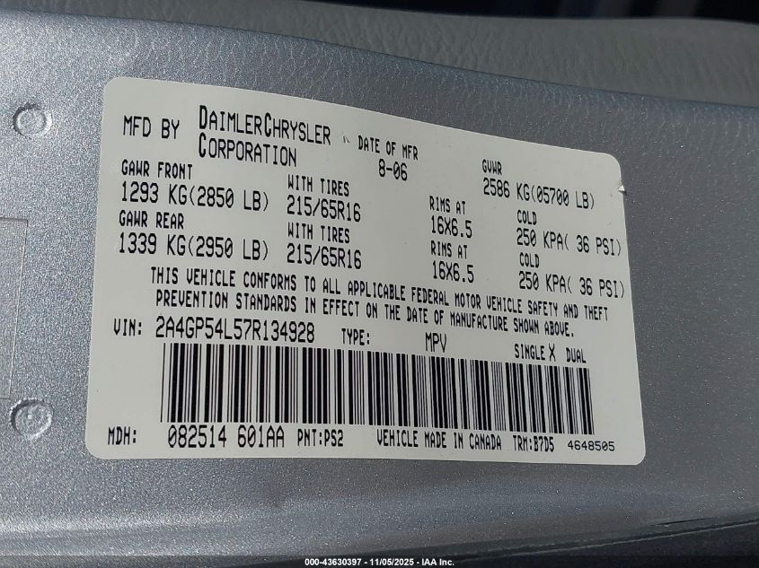 2007 Chrysler Town & Country Touring VIN: 2A4GP54L57R134928 Lot: 43630397