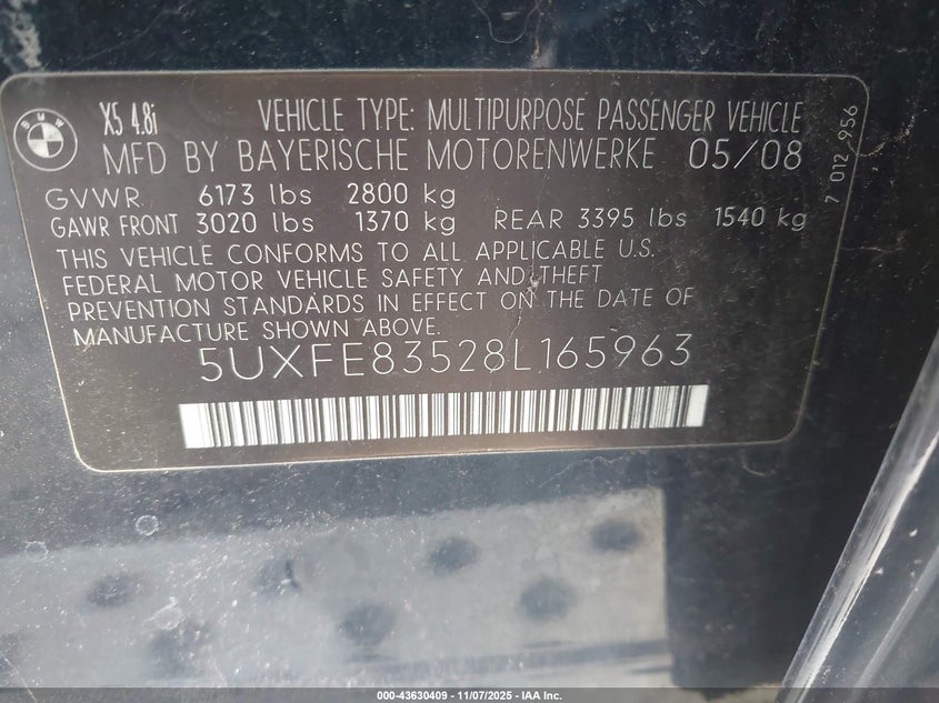 2008 BMW X5 4.8I VIN: 5UXFE83528L165963 Lot: 43630409