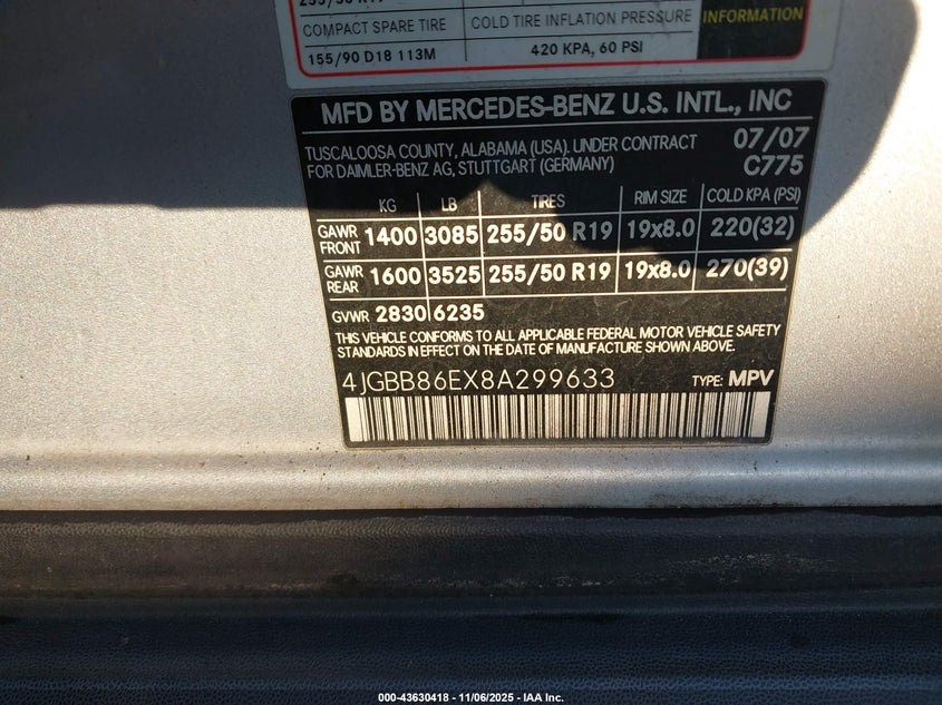 2008 Mercedes-Benz Ml 350 4Matic VIN: 4JGBB86EX8A299633 Lot: 43630418