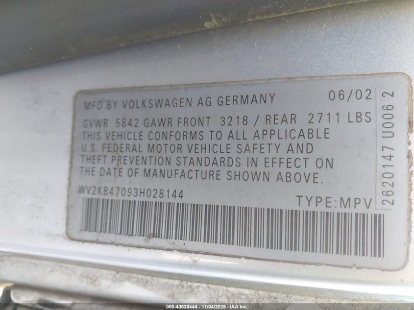 2003 Volkswagen Eurovan Gls VIN: WV2KB47093H028144 Lot: 43630444