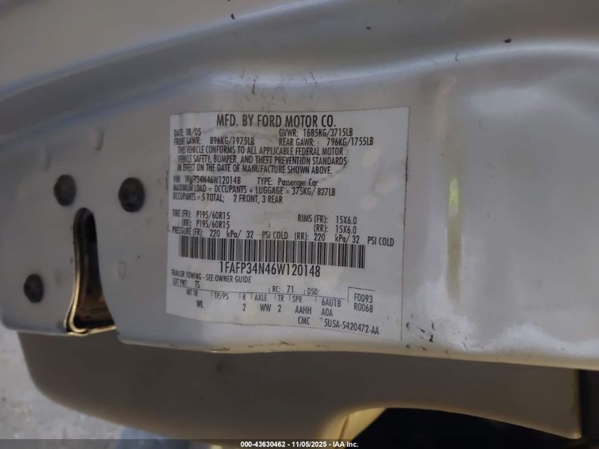2006 Ford Focus Zx4 VIN: 1FAFP34N46W120148 Lot: 43630462