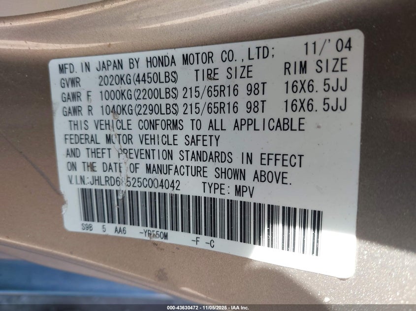 2005 Honda Cr-V Lx VIN: JHLRD68525C004042 Lot: 43630472