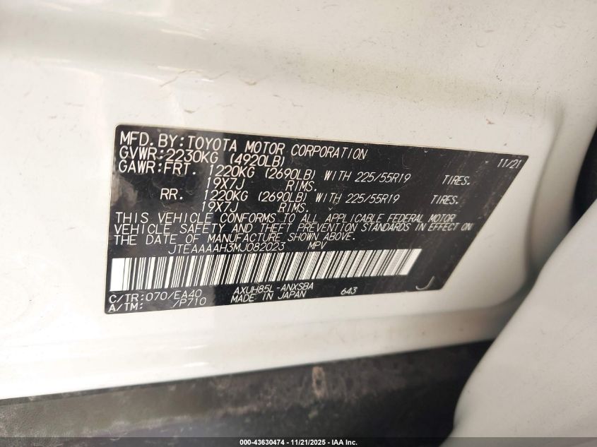 2021 Toyota Venza Limited VIN: JTEAAAAH3MJ082023 Lot: 43630474