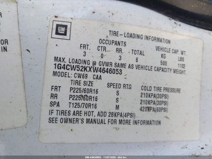 1998 Buick Park Avenue VIN: 1G4CW52KXW4646053 Lot: 43630502