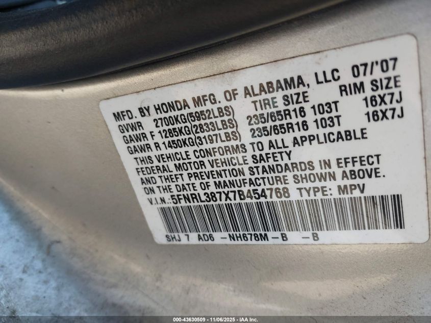 2007 Honda Odyssey Ex-L VIN: 5FNRL387X7B454768 Lot: 43630509