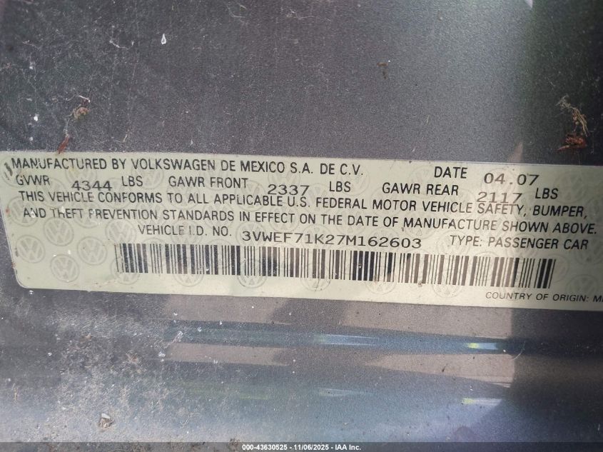 2007 Volkswagen Jetta Wolfsburg Edition VIN: 3VWEF71K27M162603 Lot: 43630525