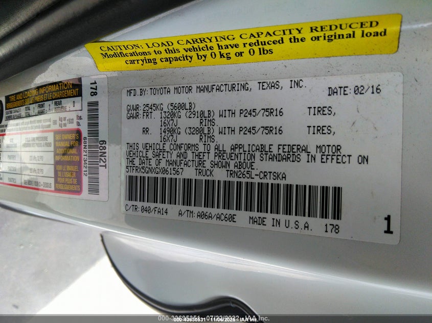 2016 TOYOTA TACOMA SR - 5TFRX5GNXGX061567